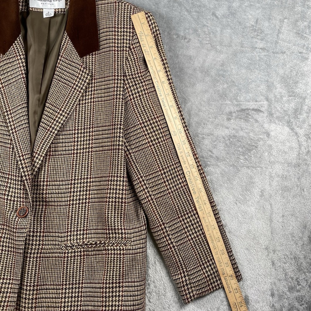 VTG Equestrian Blazer Womens 6P Brown Plaid Wool Blend Velvet Collar Preppy City - Picture 13 of 15